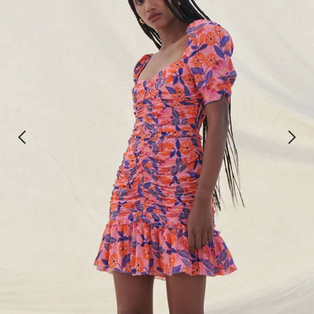 NWOT Saylor Joelene Silk Floral Ruched Dress in Orange and Purple